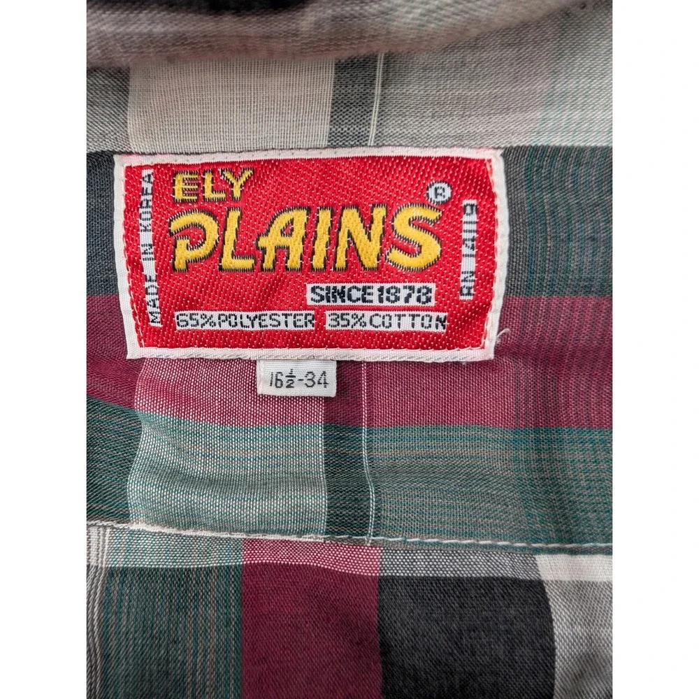 Ely Plains Vintage Western Pearl Snap Plaid Shirt Burgundy Green Mens 16.5 x‎ 34